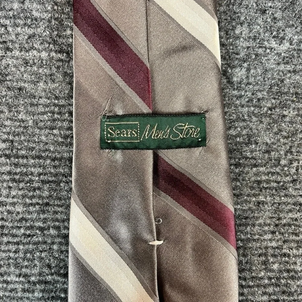 Sears Mens Store Vintage Necktie Taupe Burgundy Striped Silk Blend USA Made